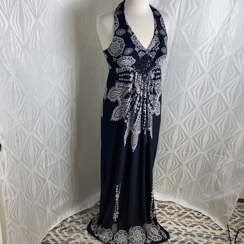 🔷Silver Gate Black & White Mosaic Print Halter Maxi Dress Size Large